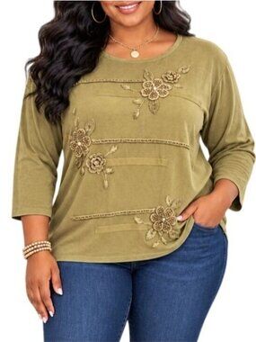Jenny Plus Size 1X Top Floral Embellished Long Sleeve Knit Olive Green Acrylic